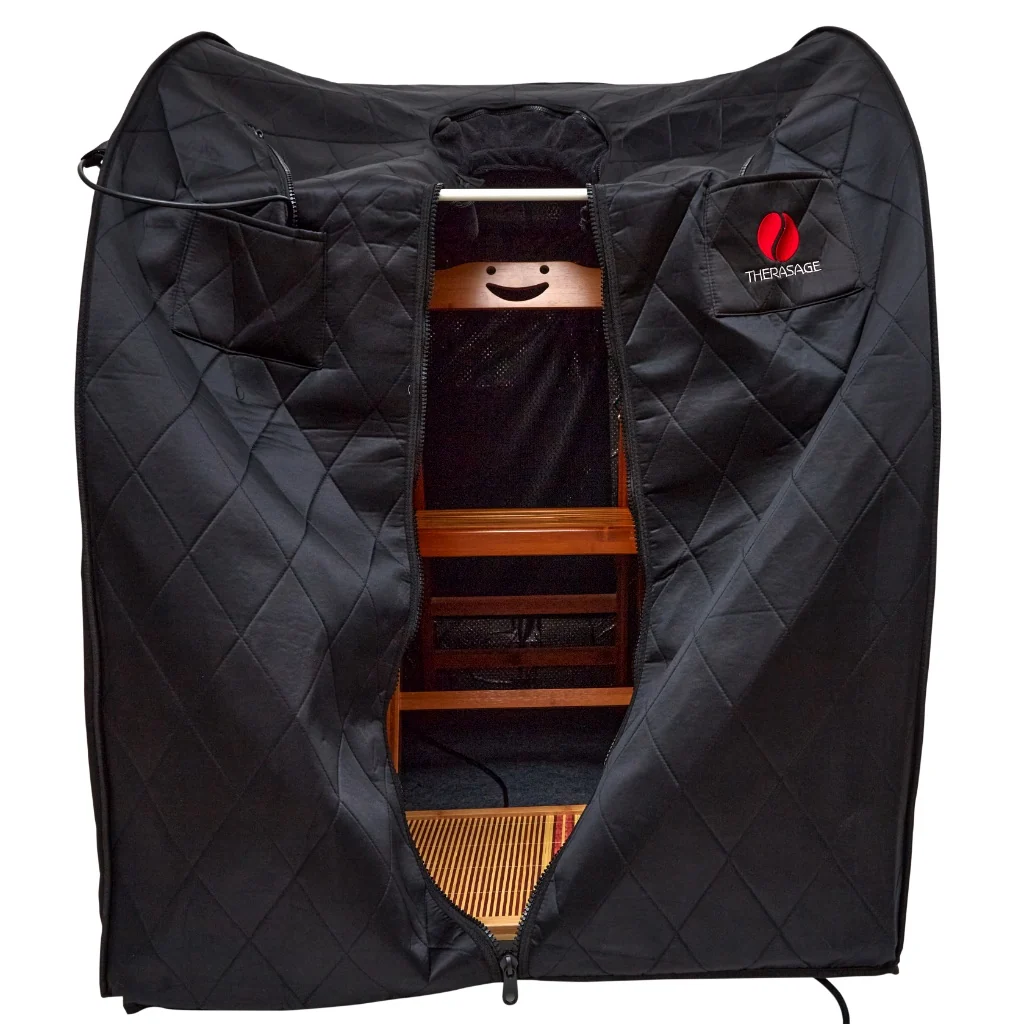 The Thera360 Plus with its front panel unzipped, showing the bamboo bench seat and the bamboo floor mat inside.